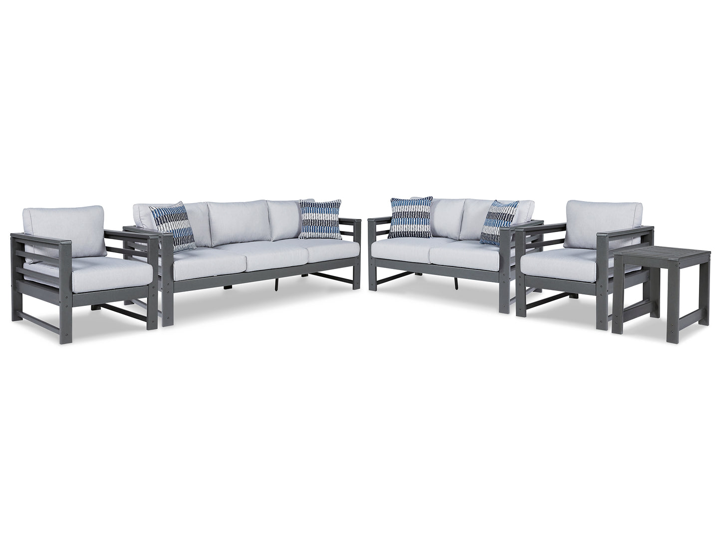 Amora Outdoor Sofa, Loveseat and 2 Lounge Chairs with End Table