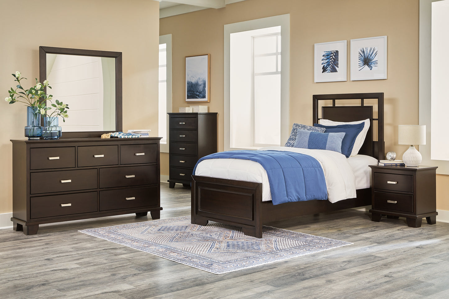 Covetown Twin Panel Bed with Mirrored Dresser, Chest and 2 Nightstands